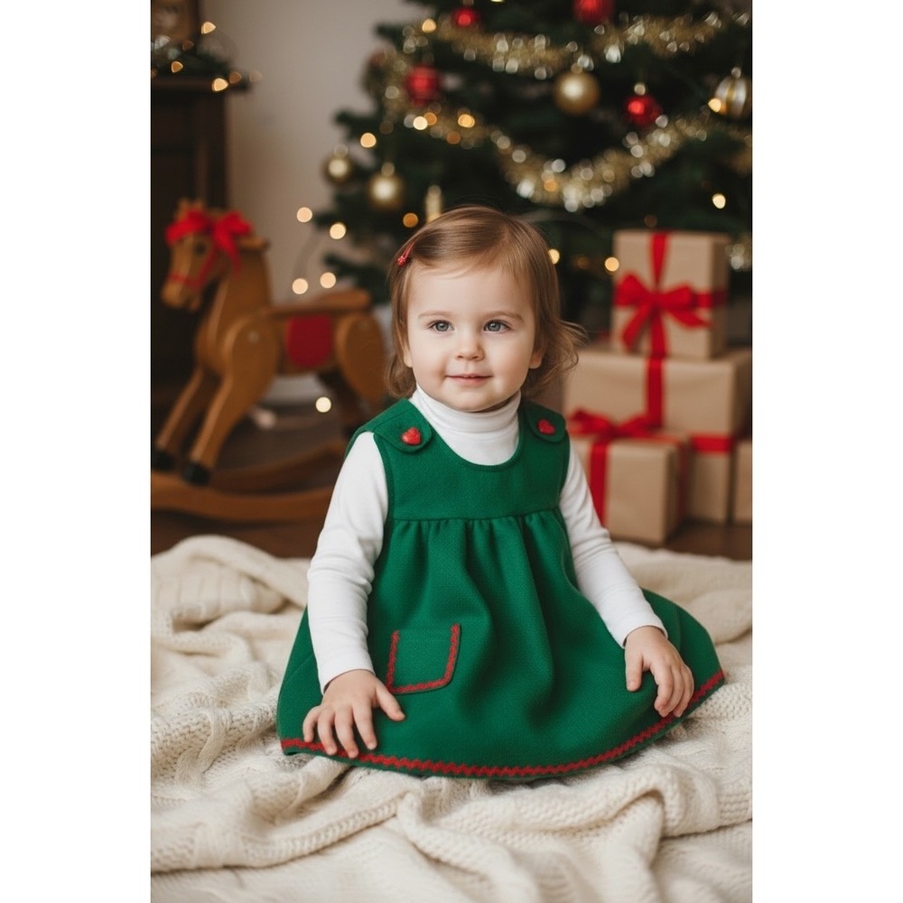 Handmade Christmas Girls Jumper Dress Green Ric Rac Heart Buttons Holiday 2T Vtg
